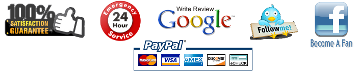 Satisfaction Guarantee, Emergency Service, Google, Twitter, Facebook, Paypal, MasterCard, Visa, Amex, Discover and Echeck 